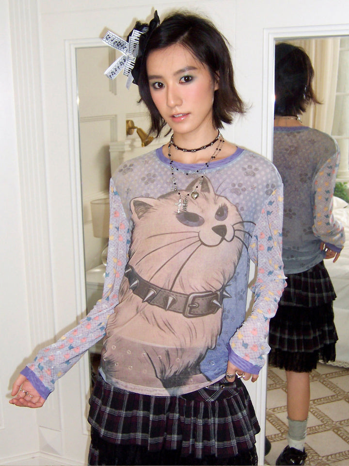 Spiked Cat Graphic Patchwork Long Sleeve T-Shirt