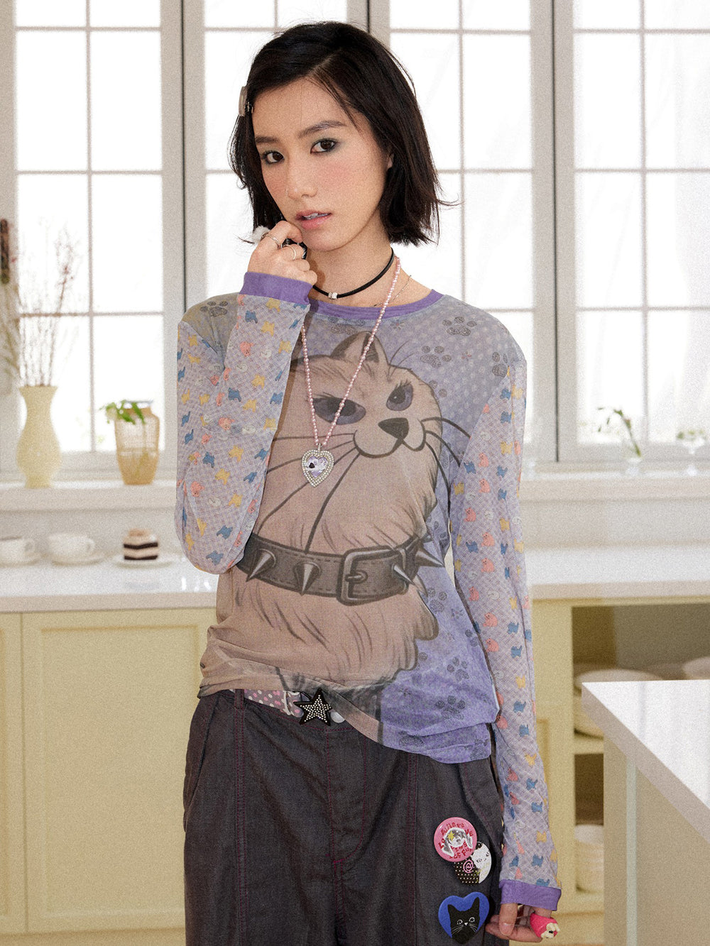 Spiked Cat Graphic Patchwork Long Sleeve T-Shirt