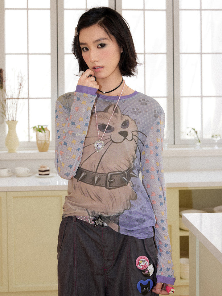 Spiked Cat Graphic Patchwork Long Sleeve T-Shirt