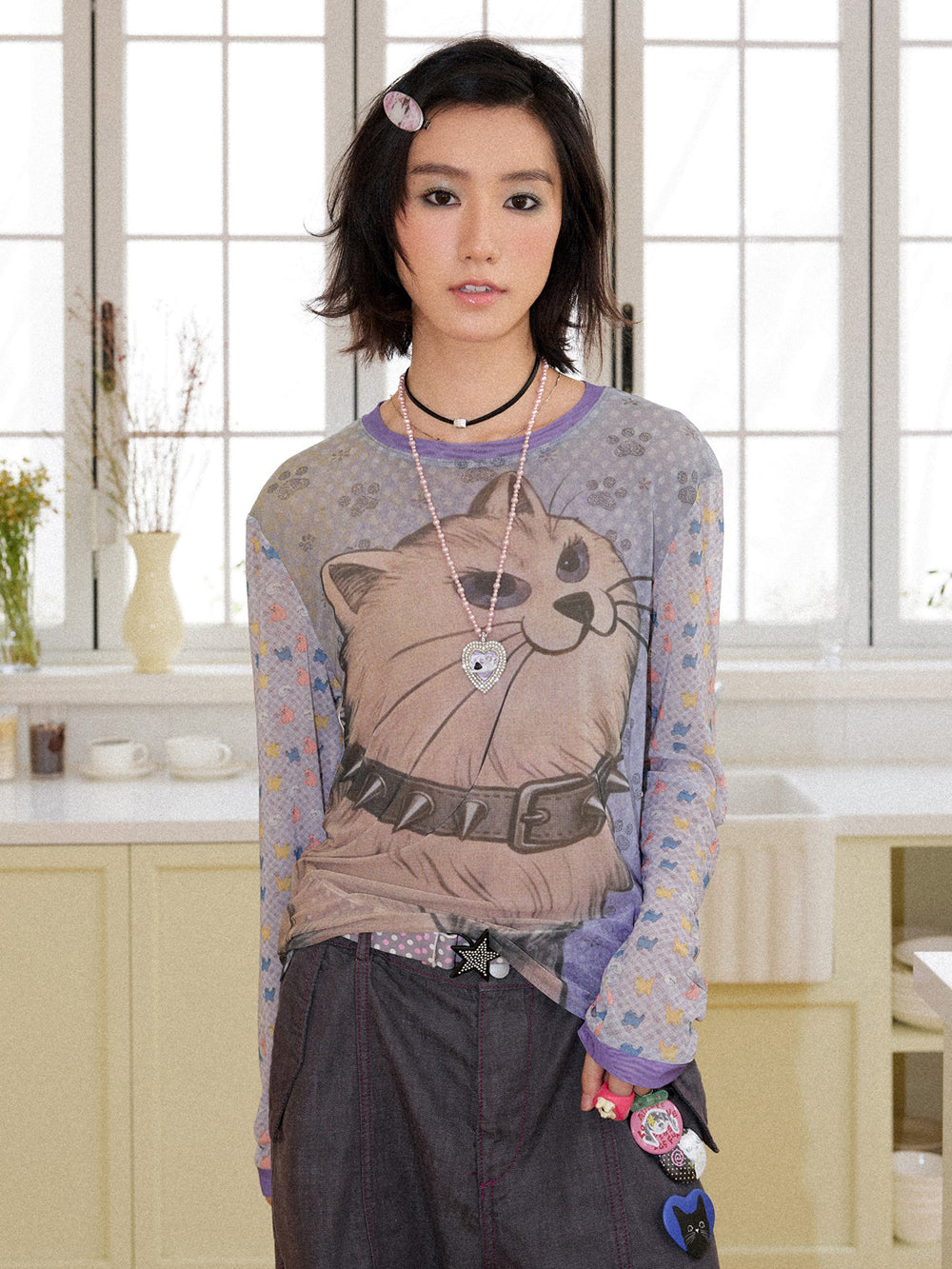 Spiked Cat Graphic Patchwork Long Sleeve T-Shirt