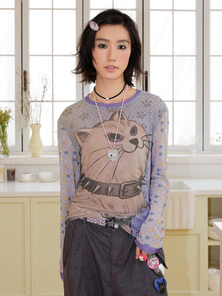 Spiked Cat Graphic Patchwork Long Sleeve T-Shirt