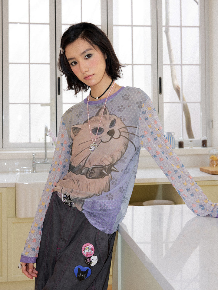 Spiked Cat Graphic Patchwork Long Sleeve T-Shirt