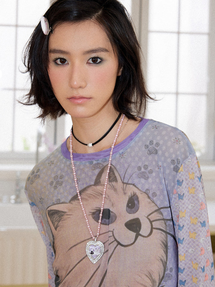 Spiked Cat Graphic Patchwork Long Sleeve T-Shirt
