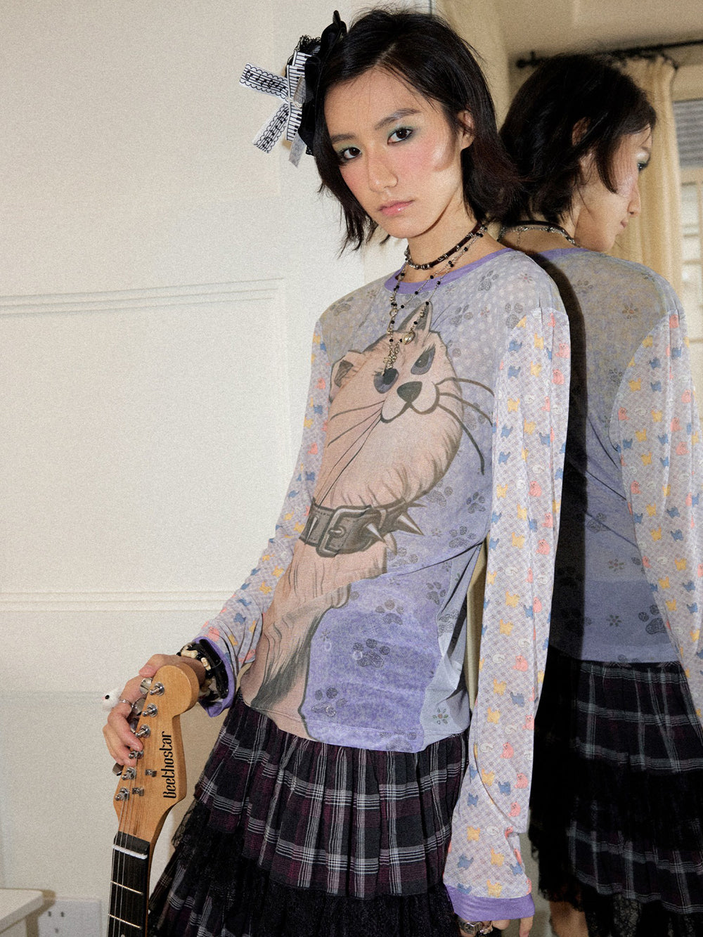 Spiked Cat Graphic Patchwork Long Sleeve T-Shirt