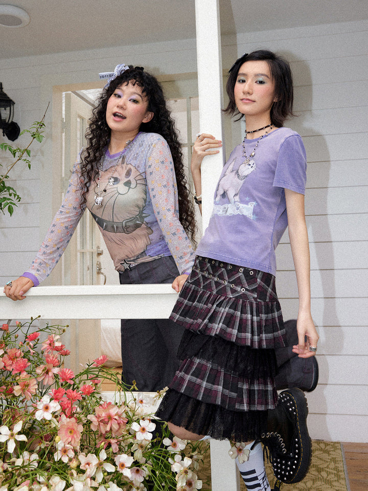 Spiked Cat Graphic Patchwork Long Sleeve T-Shirt