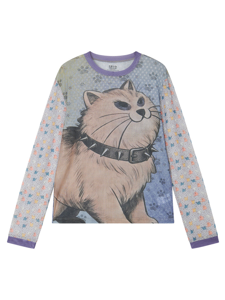 Spiked Cat Graphic Patchwork Long Sleeve T-Shirt