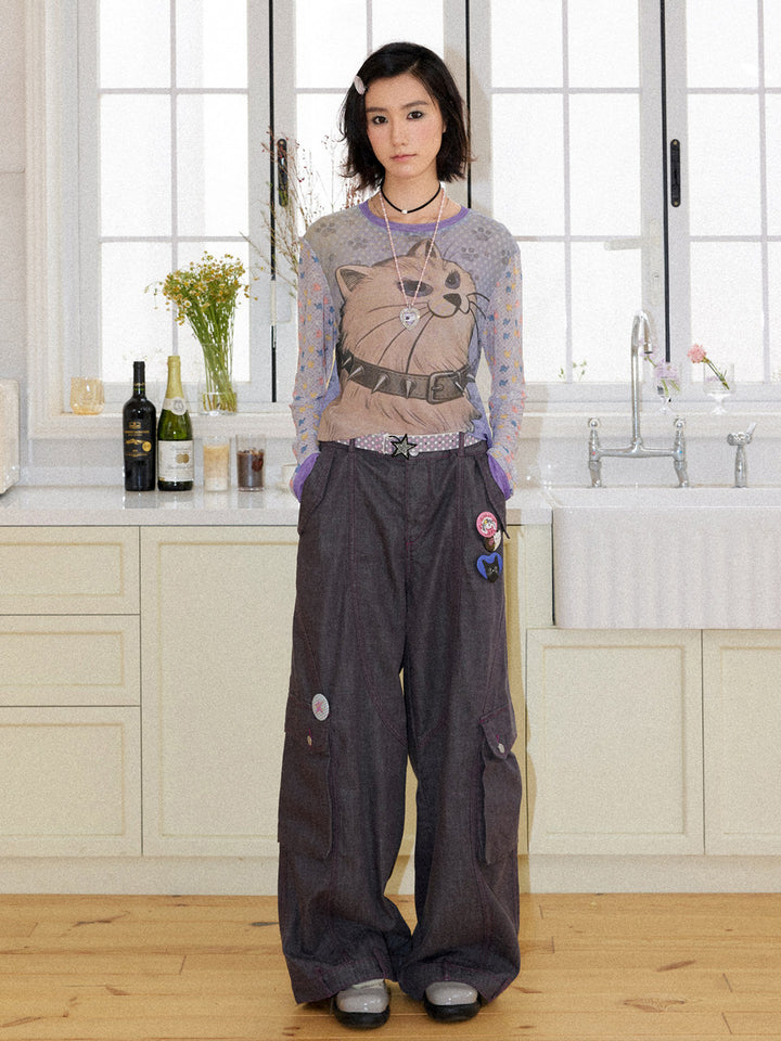 Spiked Cat Graphic Patchwork Long Sleeve T-Shirt