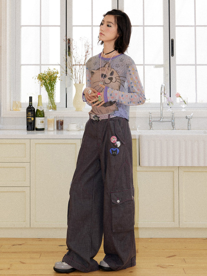 Spiked Cat Graphic Patchwork Long Sleeve T-Shirt