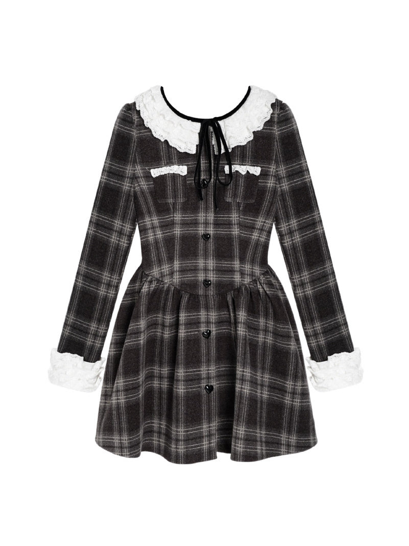 Lace Collar Plaid Coat Dress