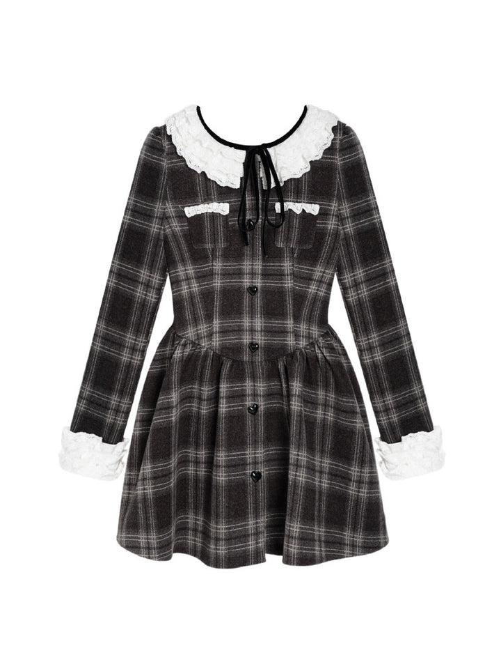 Lace Collar Plaid Coat Dress