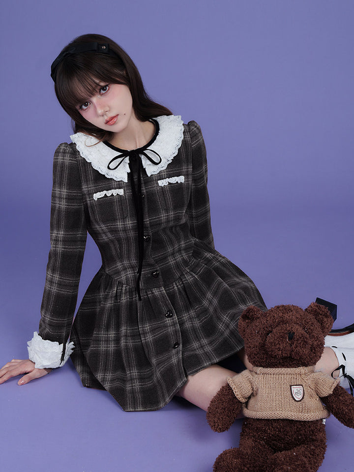 Lace Collar Plaid Coat Dress