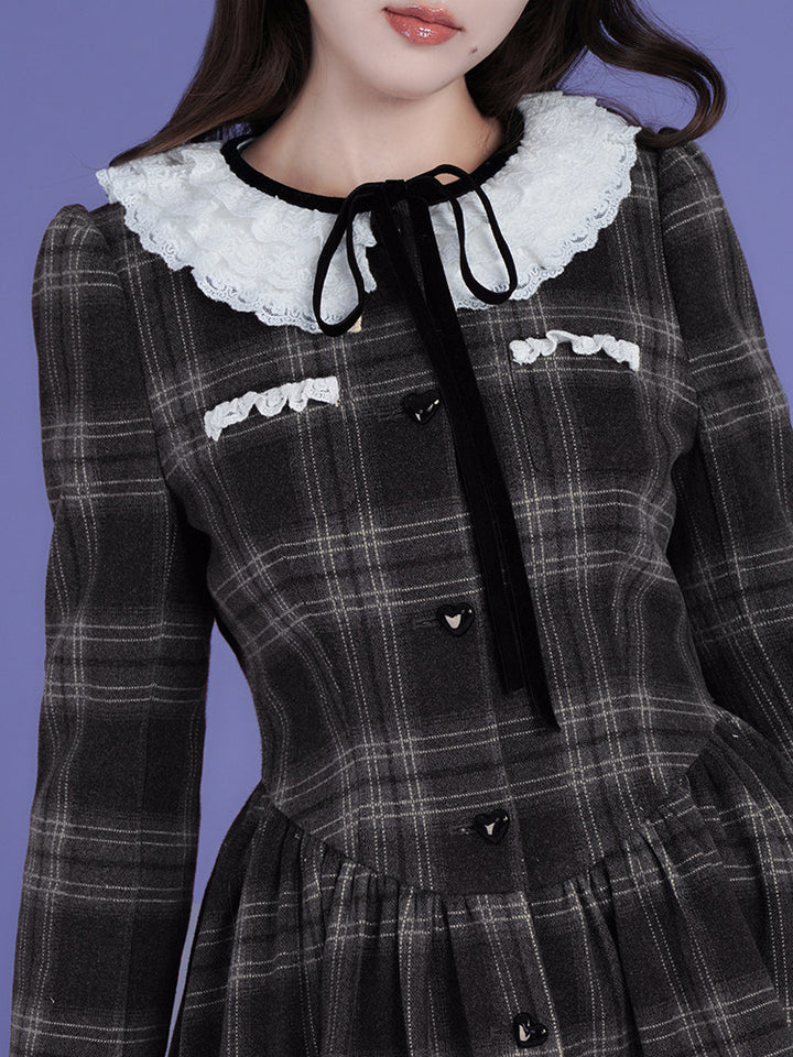 Lace Collar Plaid Coat Dress
