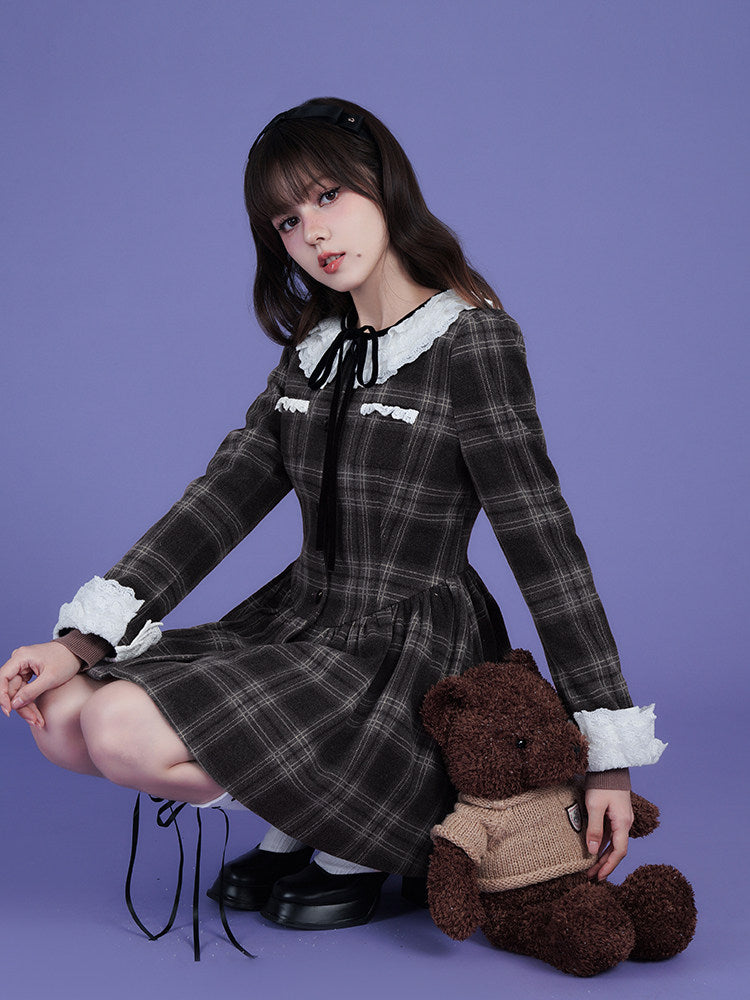 Lace Collar Plaid Coat Dress