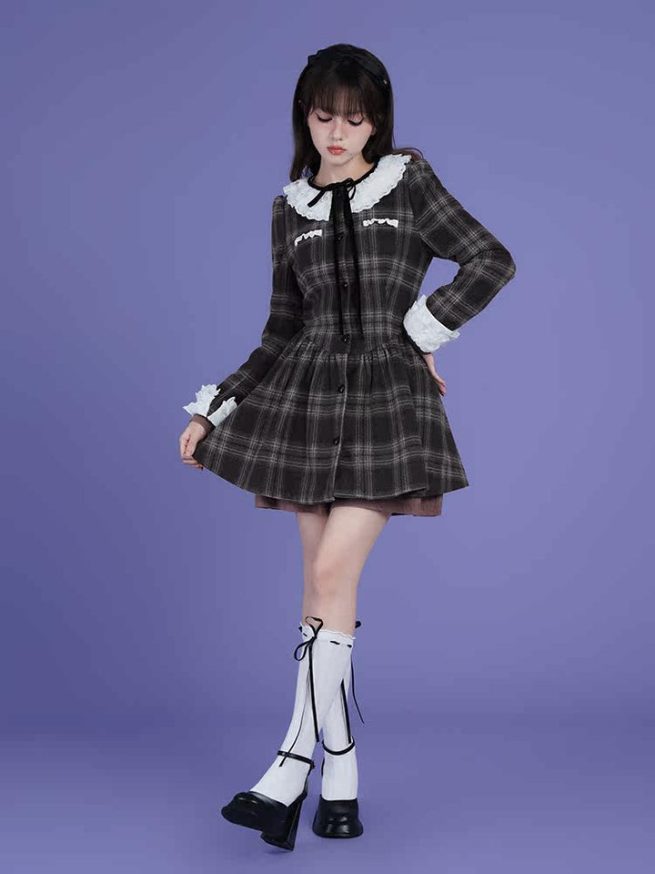 Lace Collar Plaid Coat Dress