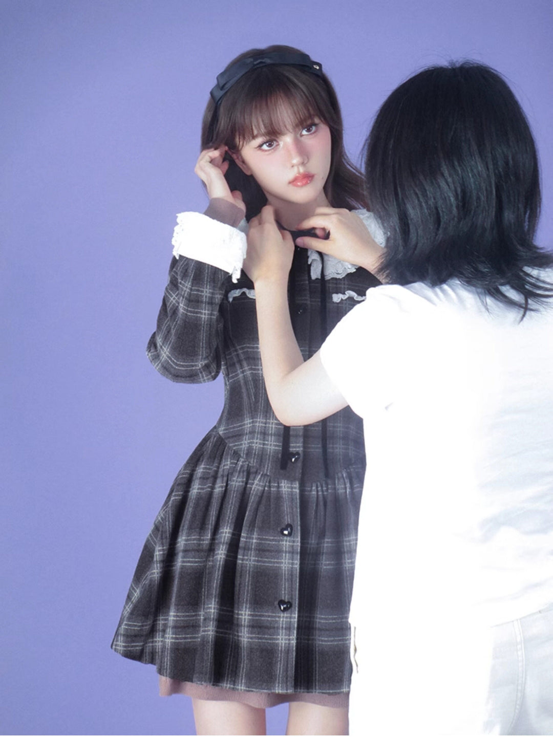 Lace Collar Plaid Coat Dress