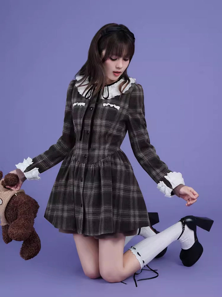 Lace Collar Plaid Coat Dress