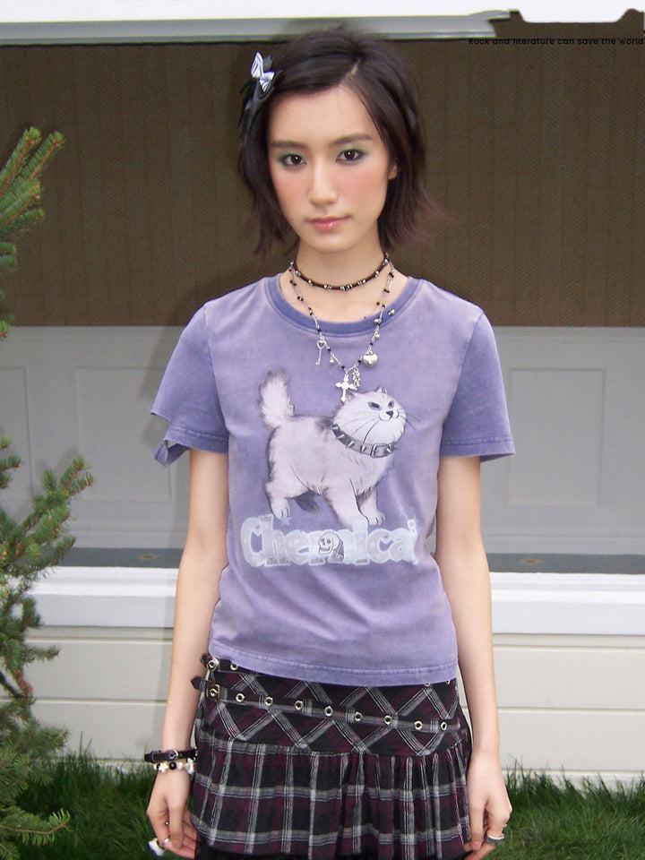 Spiked Cat Graphic Washed T-Shirt