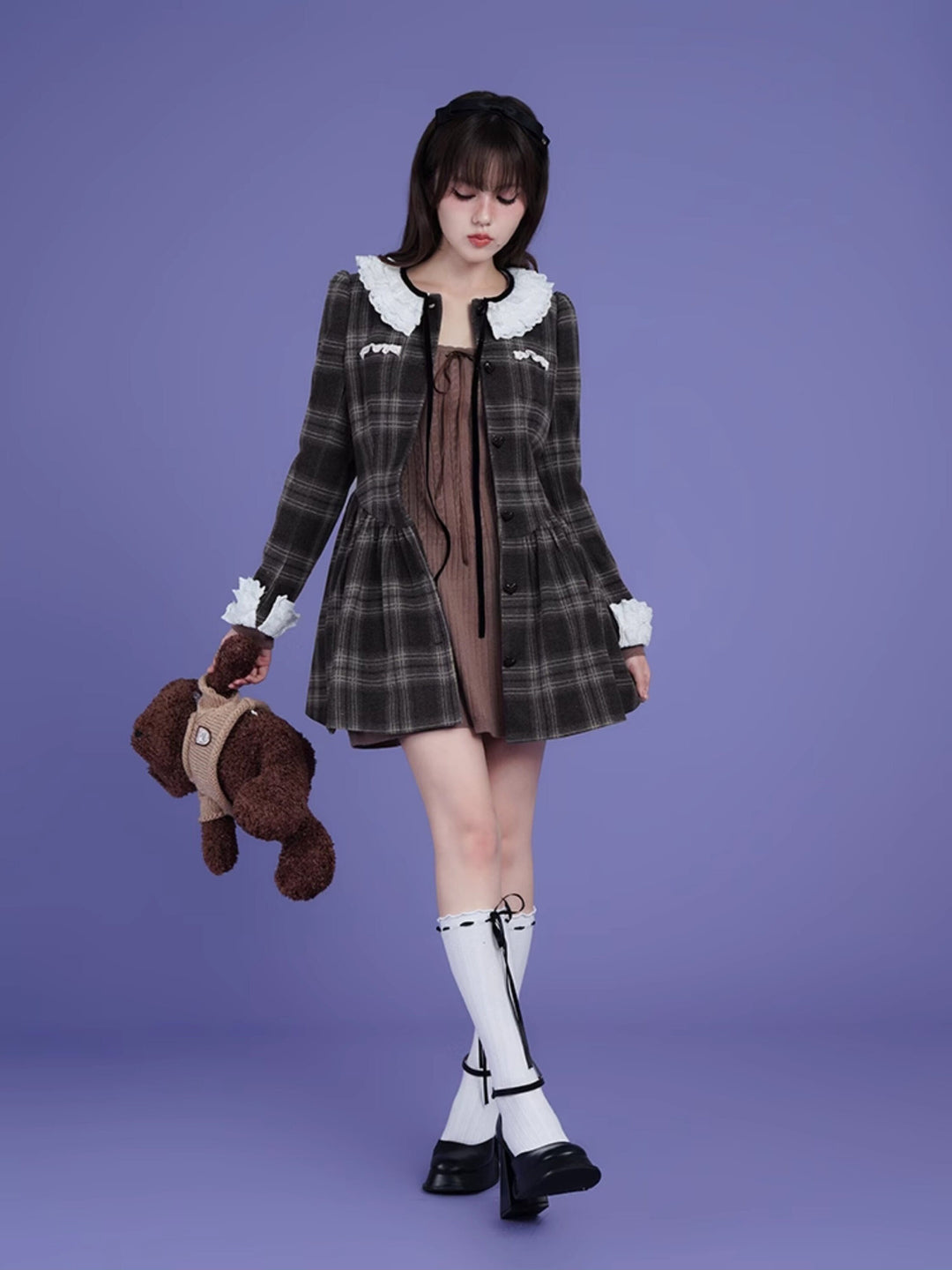 Lace Collar Plaid Coat Dress