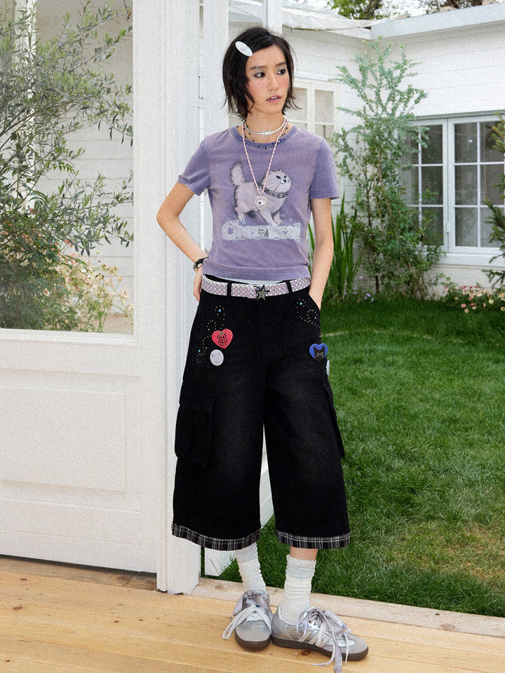 Spiked Cat Graphic Washed T-Shirt