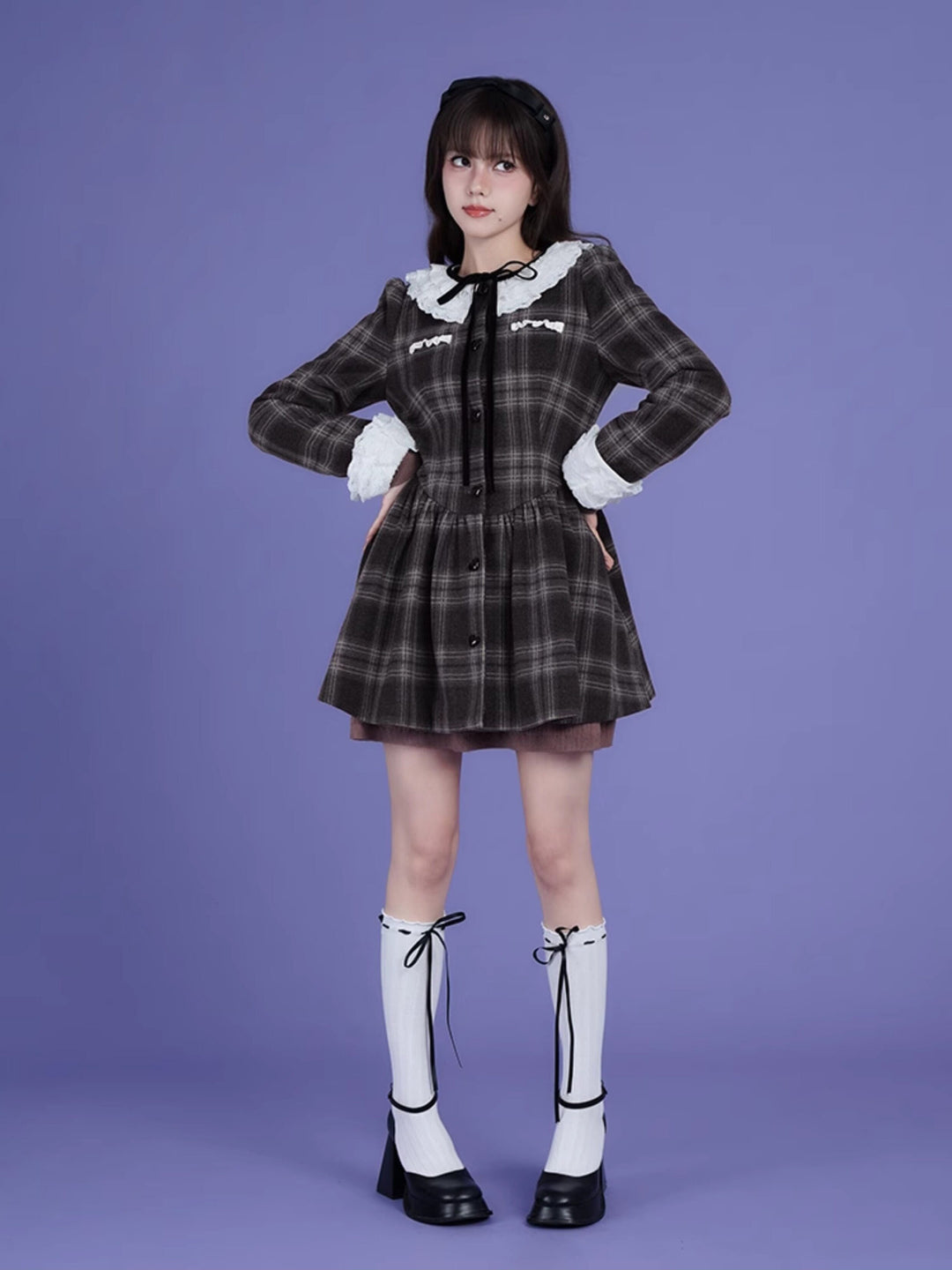 Lace Collar Plaid Coat Dress