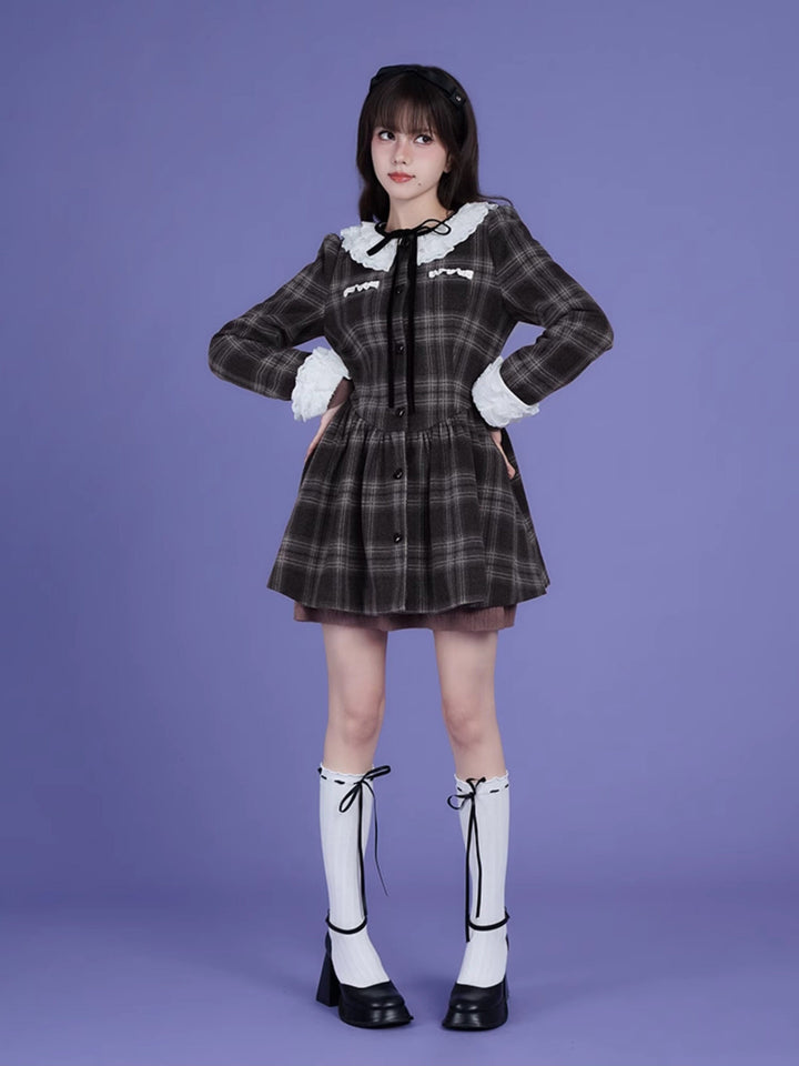 Lace Collar Plaid Coat Dress
