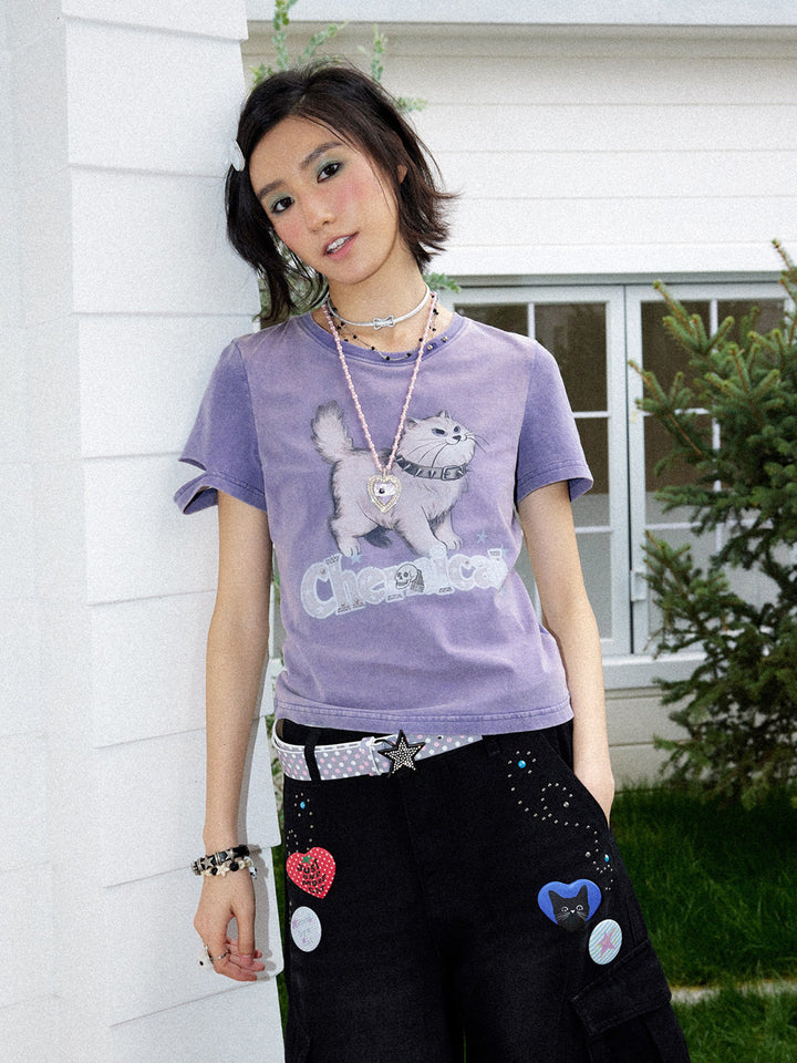 Spiked Cat Graphic Washed T-Shirt