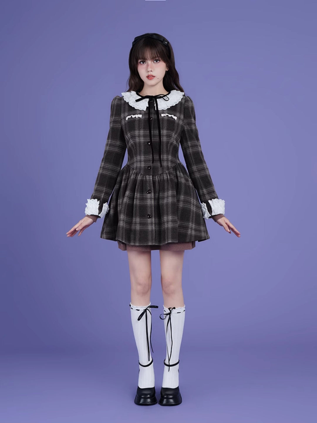 Lace Collar Plaid Coat Dress