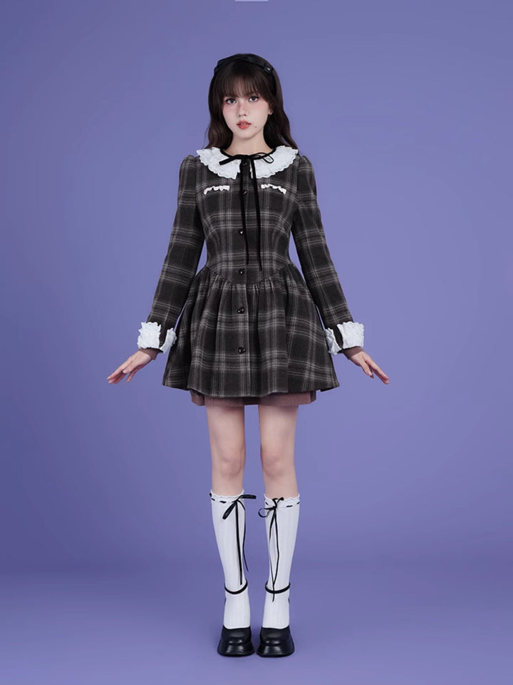 Lace Collar Plaid Coat Dress