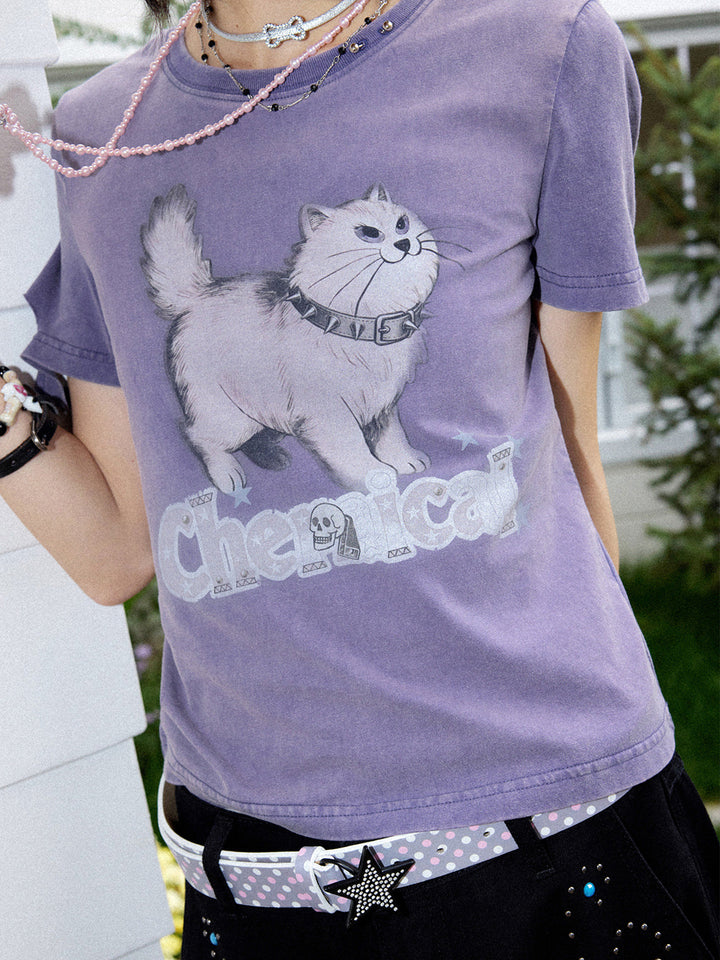 Spiked Cat Graphic Washed T-Shirt