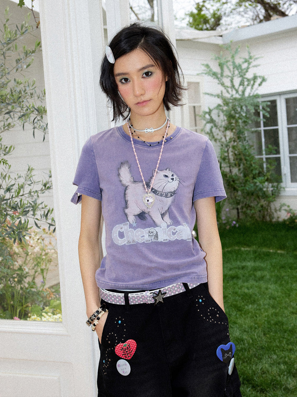 Spiked Cat Graphic Washed T-Shirt
