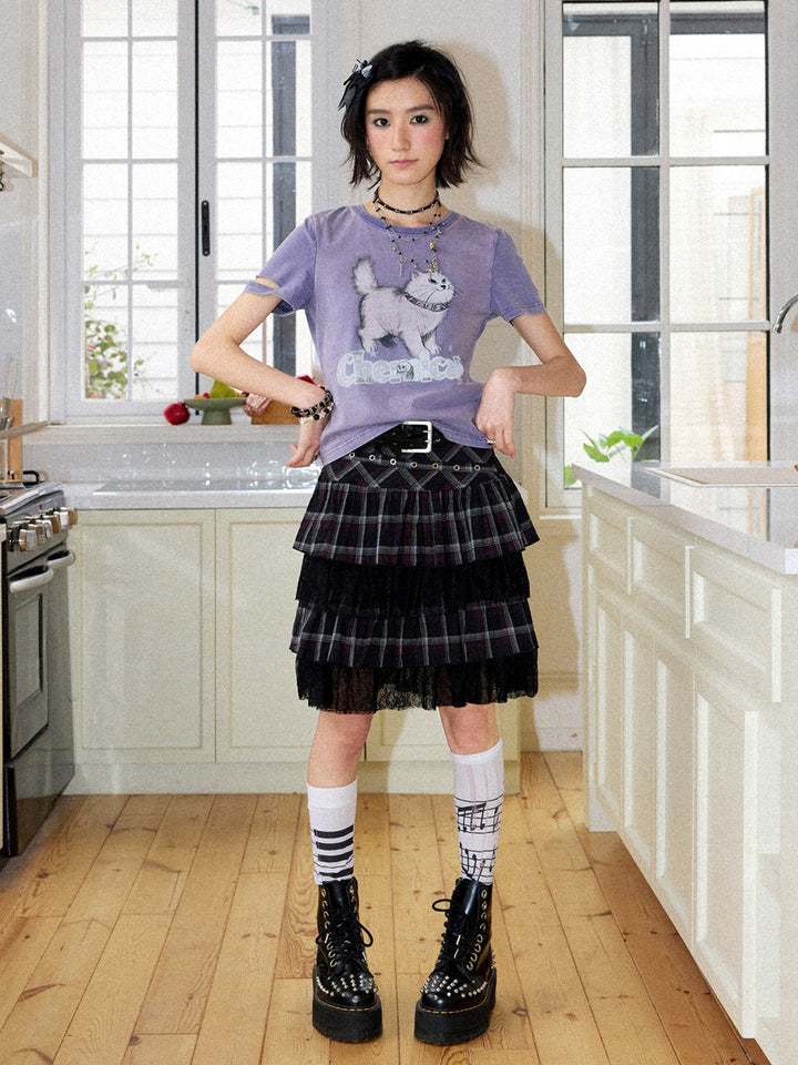 Spiked Cat Graphic Washed T-Shirt