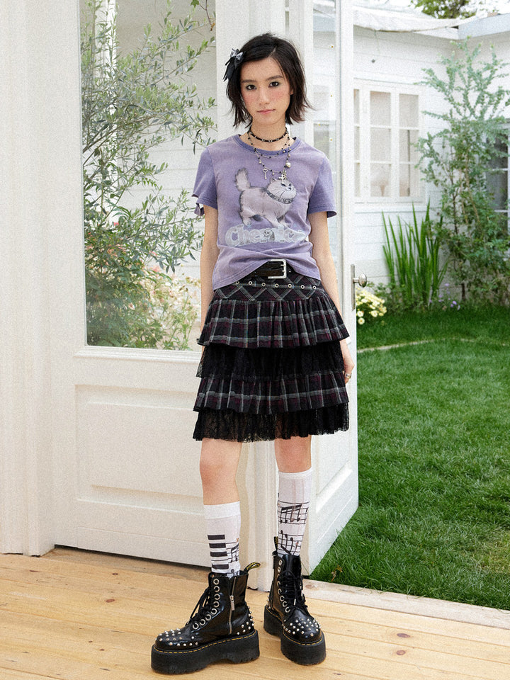 Spiked Cat Graphic Washed T-Shirt