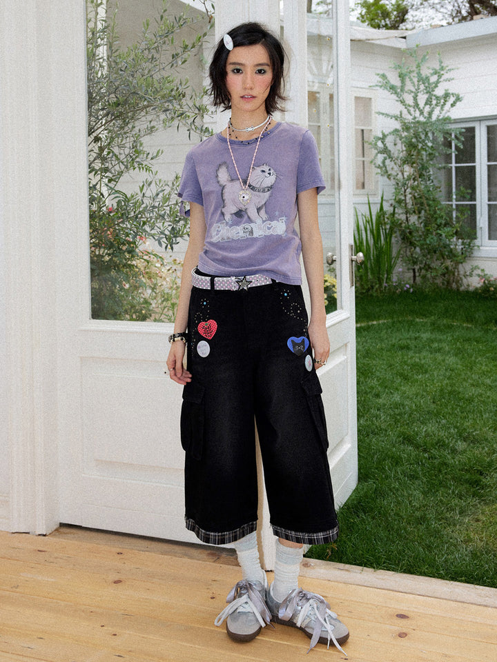 Spiked Cat Graphic Washed T-Shirt