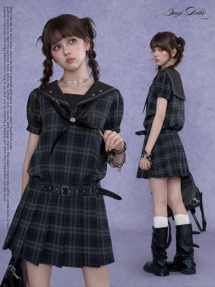 Bow-Front Sailor Plaid Mini Dress