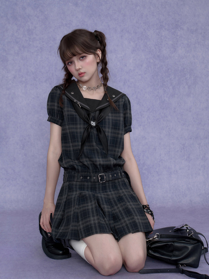 Bow-Front Sailor Plaid Mini Dress