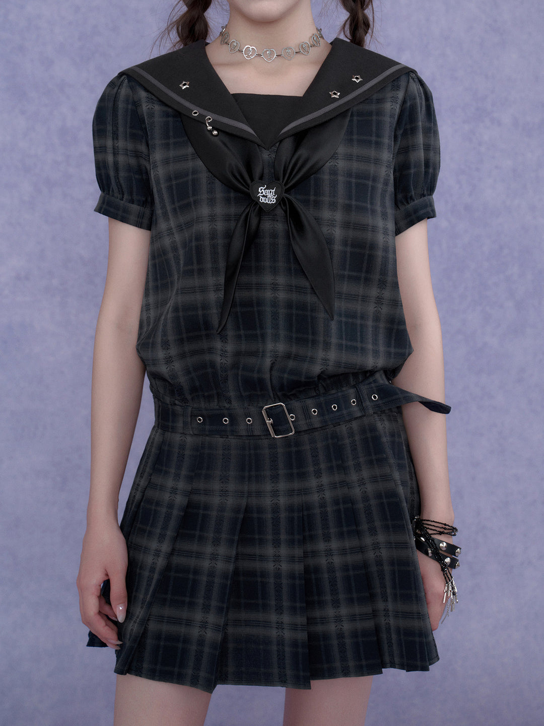 Bow-Front Sailor Plaid Mini Dress