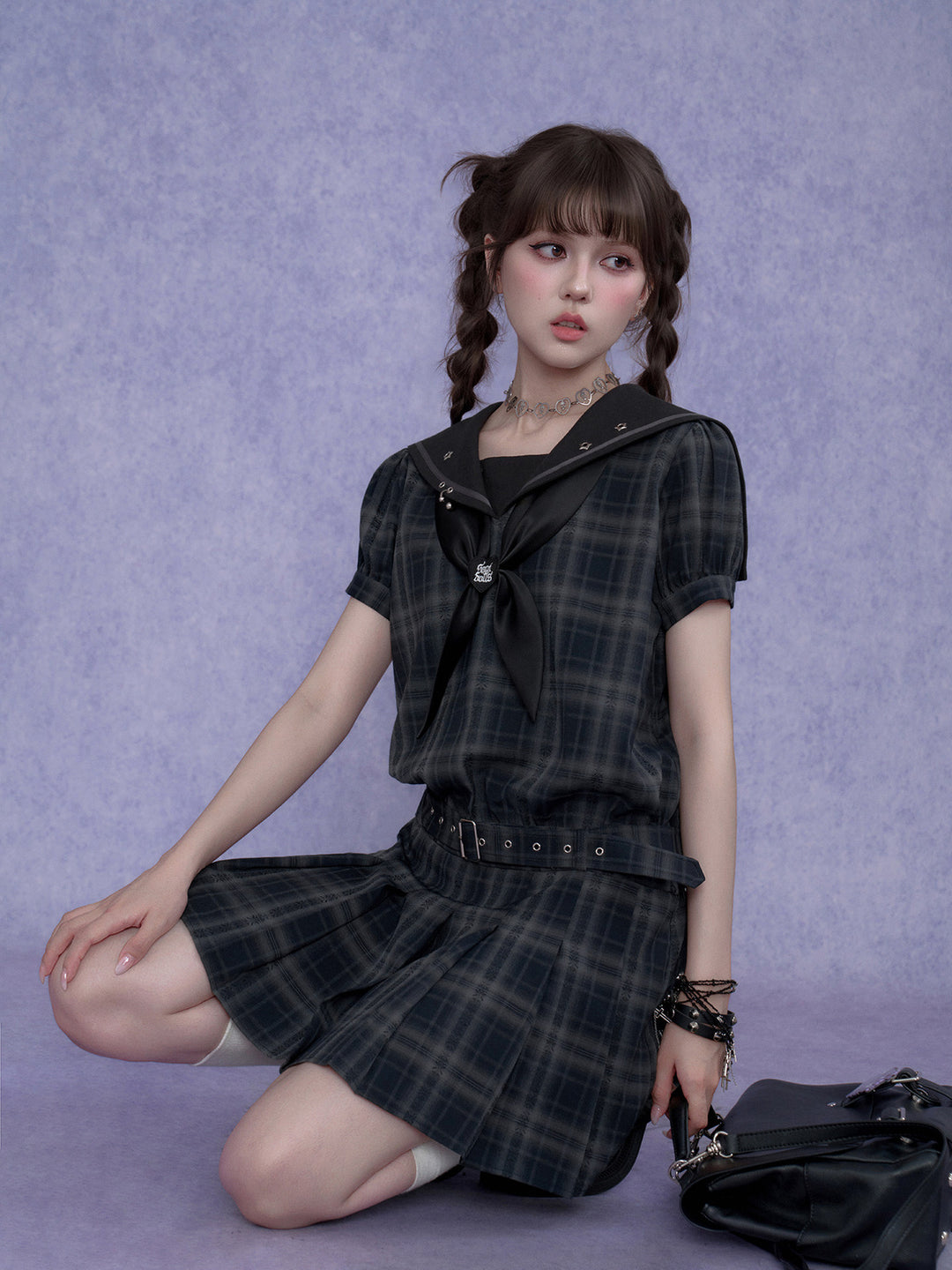 Bow-Front Sailor Plaid Mini Dress