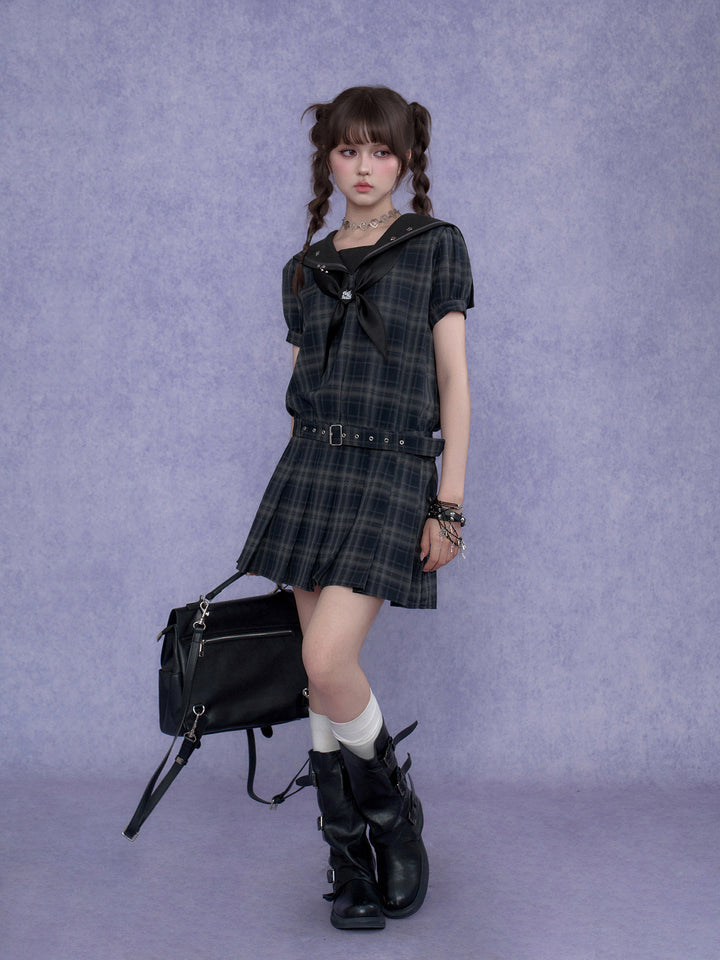 Bow-Front Sailor Plaid Mini Dress