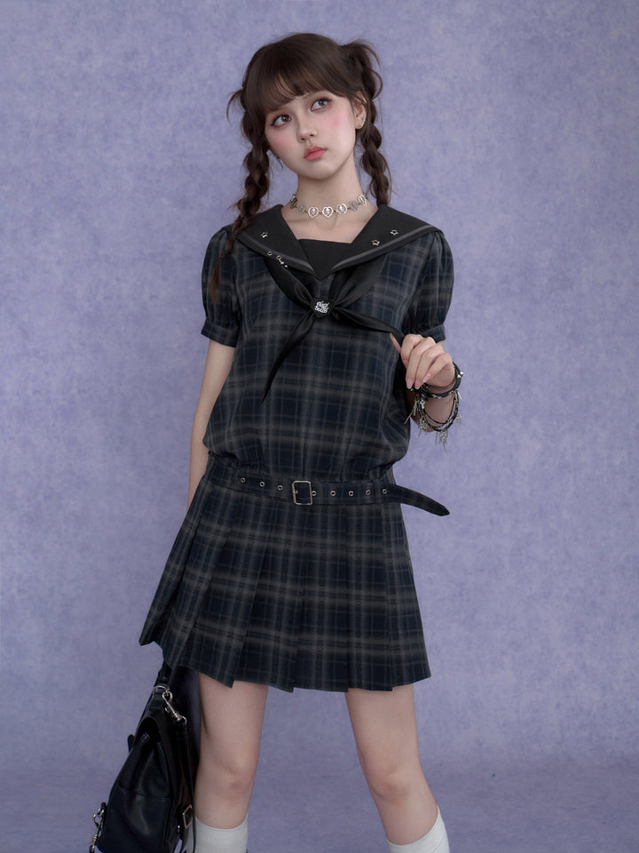 Bow-Front Sailor Plaid Mini Dress