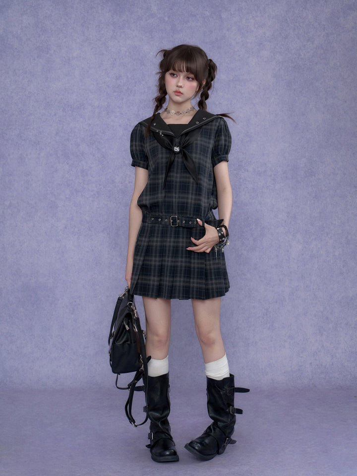 Bow-Front Sailor Plaid Mini Dress