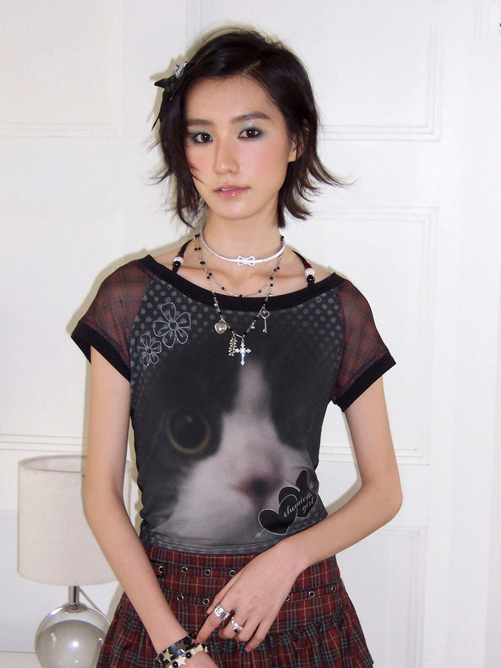 Cat Graphic Plaid Raglan Short Sleeve Top