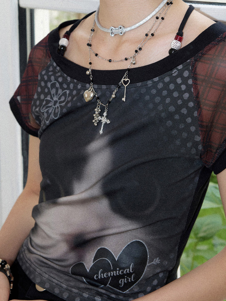 Cat Graphic Plaid Raglan Short Sleeve Top