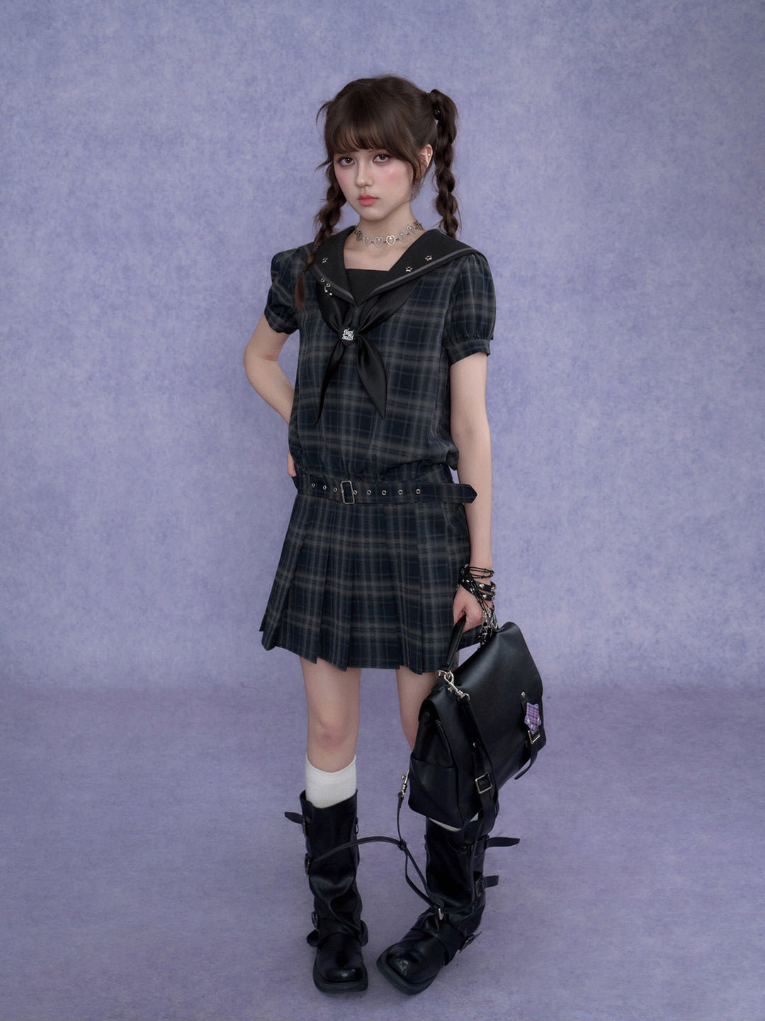 Bow-Front Sailor Plaid Mini Dress