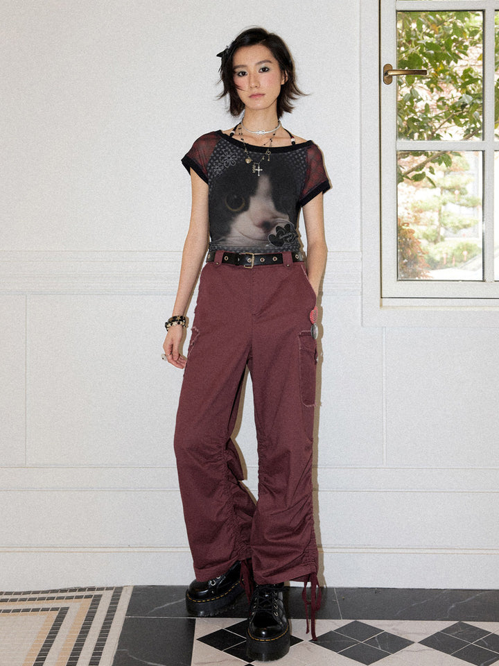 Cat Graphic Plaid Raglan Short Sleeve Top