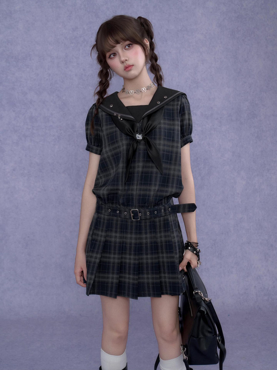 Bow-Front Sailor Plaid Mini Dress