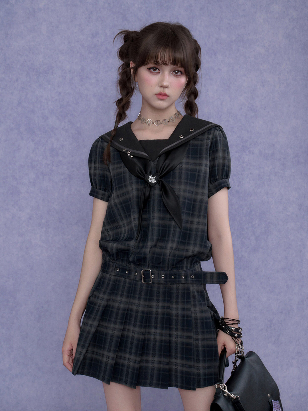 Bow-Front Sailor Plaid Mini Dress