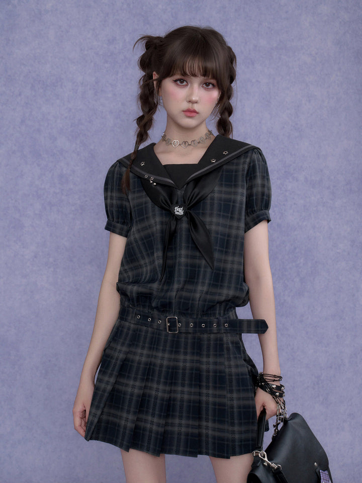 Bow-Front Sailor Plaid Mini Dress
