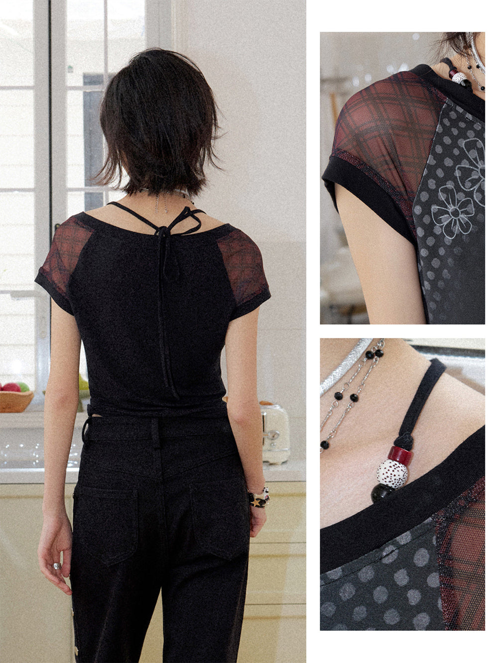 Cat Graphic Plaid Raglan Short Sleeve Top