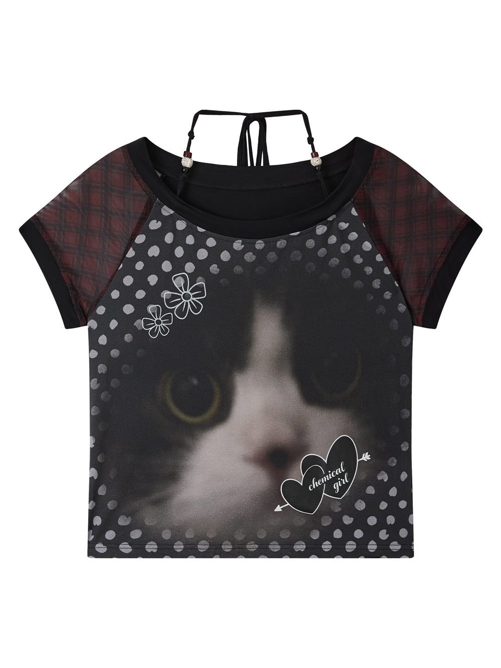Cat Graphic Plaid Raglan Short Sleeve Top