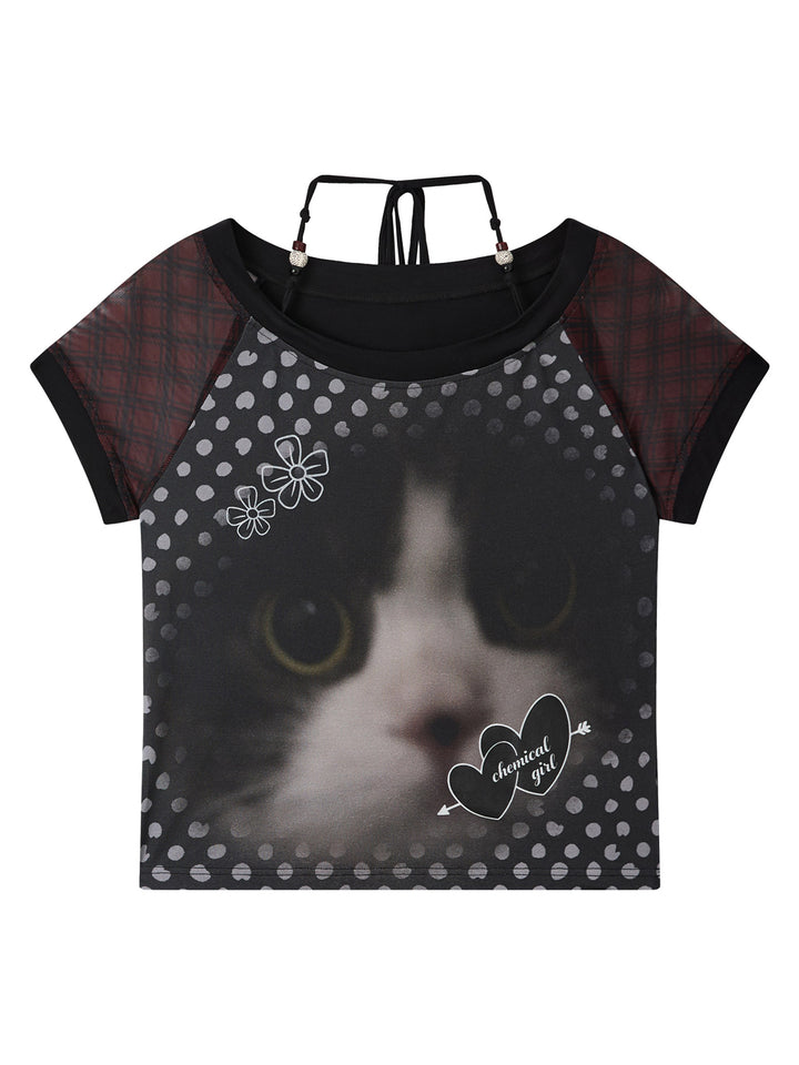 Cat Graphic Plaid Raglan Short Sleeve Top